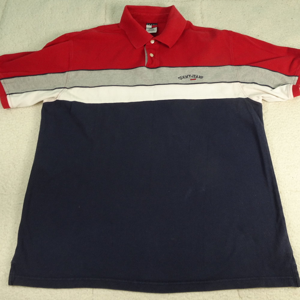 Tommy Jeans Red/Gray/White/Blue Polo Shirt Large
